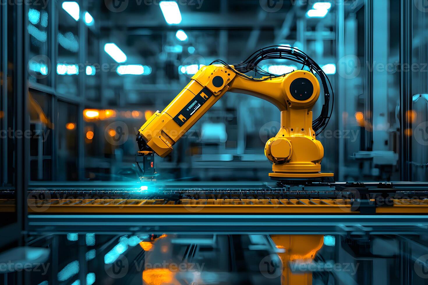 Industrial Robotic Arm Automation in Modern Factory Advanced Manufacturing Technology photo