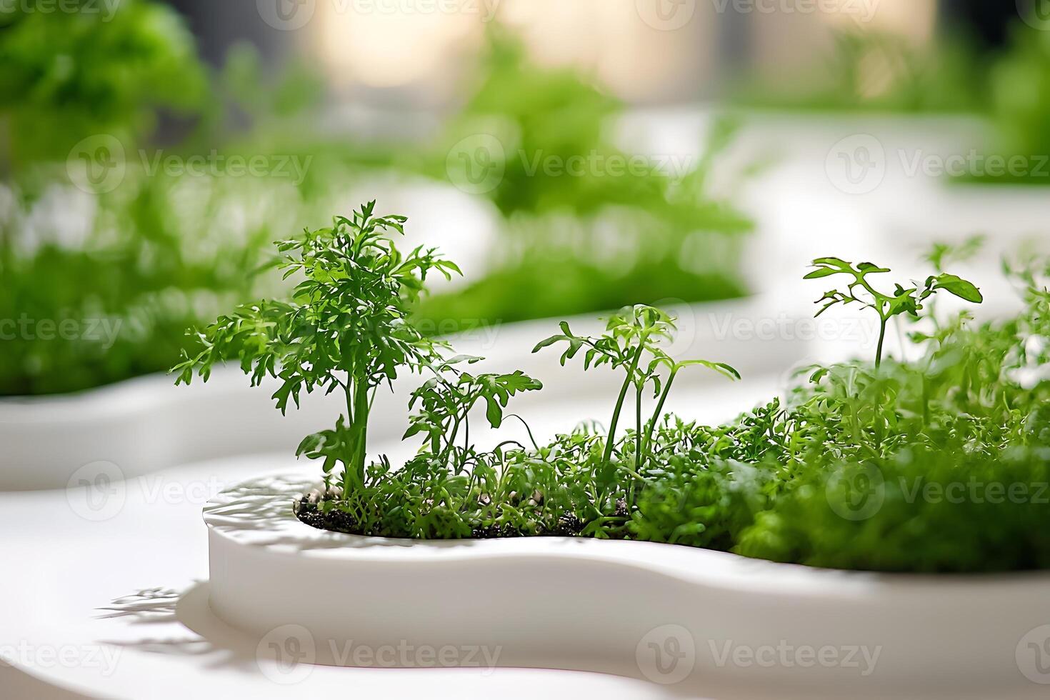Lush Green Microgreens Growing in Modern White Planters Close Up View photo