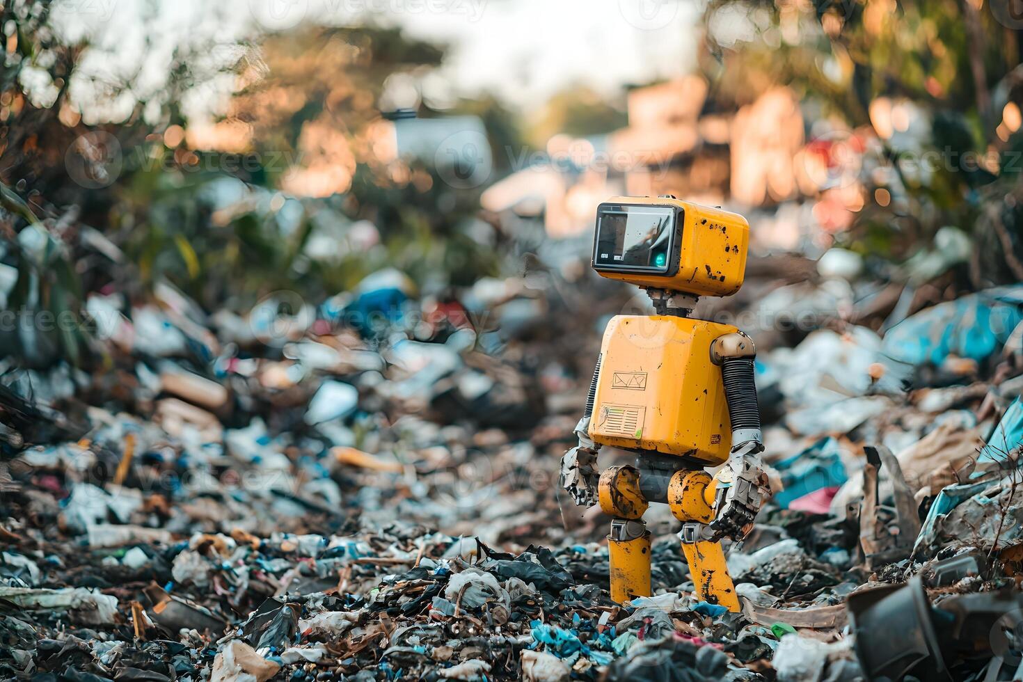 Retro Robot in a Landfill Environmental Pollution Waste Recycling Concept photo