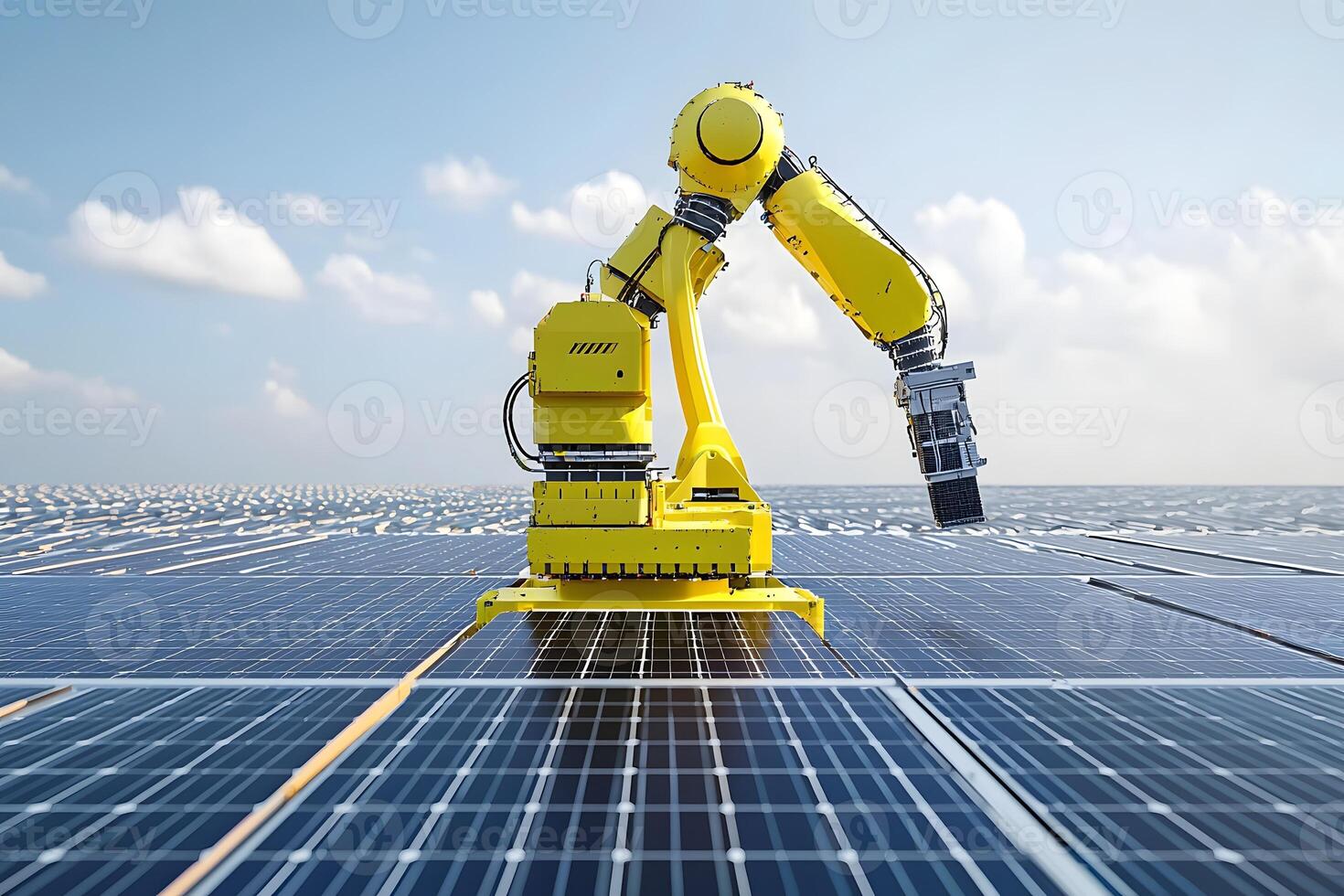 Robotic Arm Maintaining Large Solar Panel Field Automation Renewable Energy Technology photo