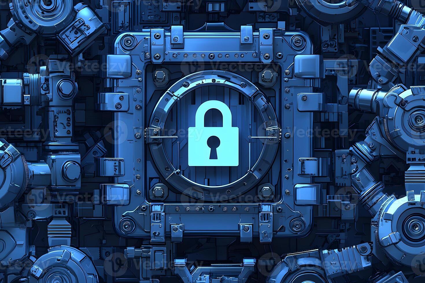 Futuristic Cyber Security Abstract Digital Lock on Metallic Gear Background photo