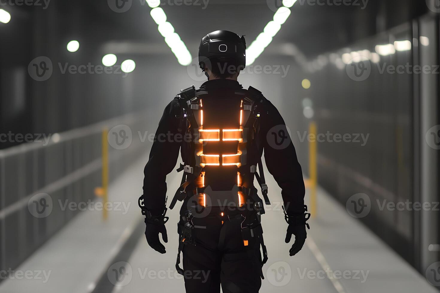 Person in futuristic exoskeleton suit walking in illuminated tunnel technology concept photo
