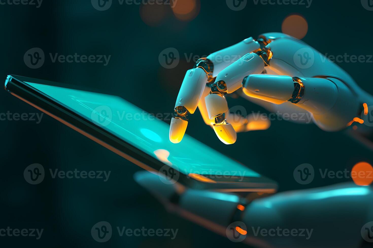 Robotic Hand Using Futuristic Tablet AI Technology Digital Innovation Concept photo