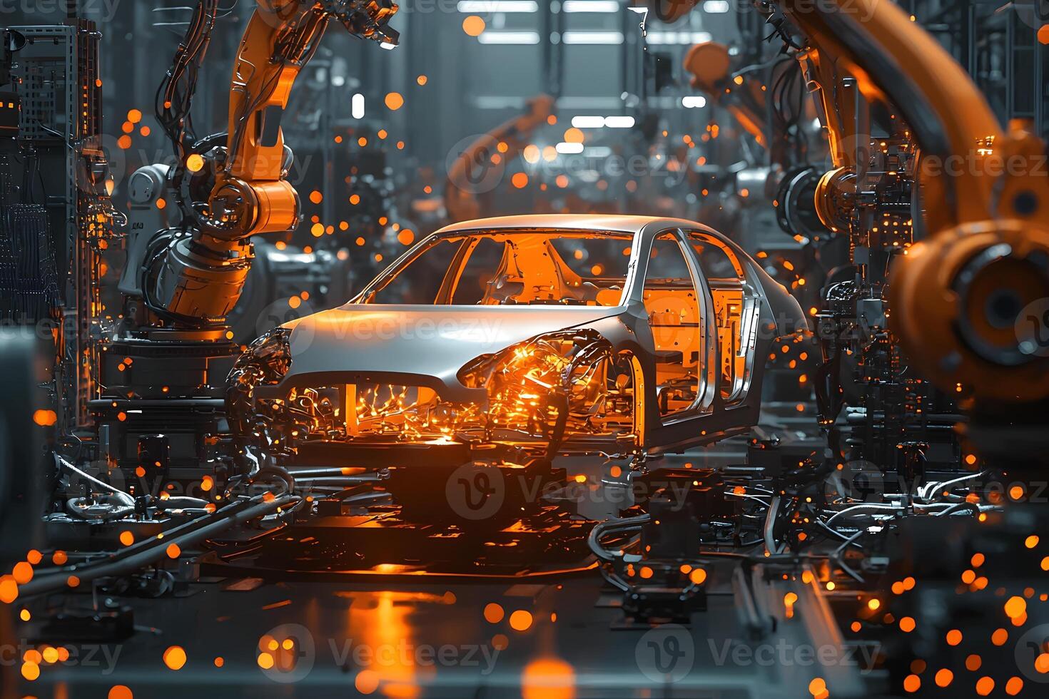 Automotive Assembly Line Robotic Welding of Car Chassis Modern Factory photo