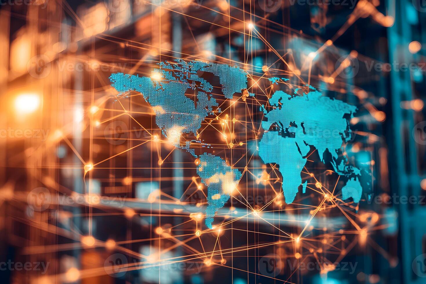 Global Network Connections Digital World Map with Illuminated Nodes and Lines photo