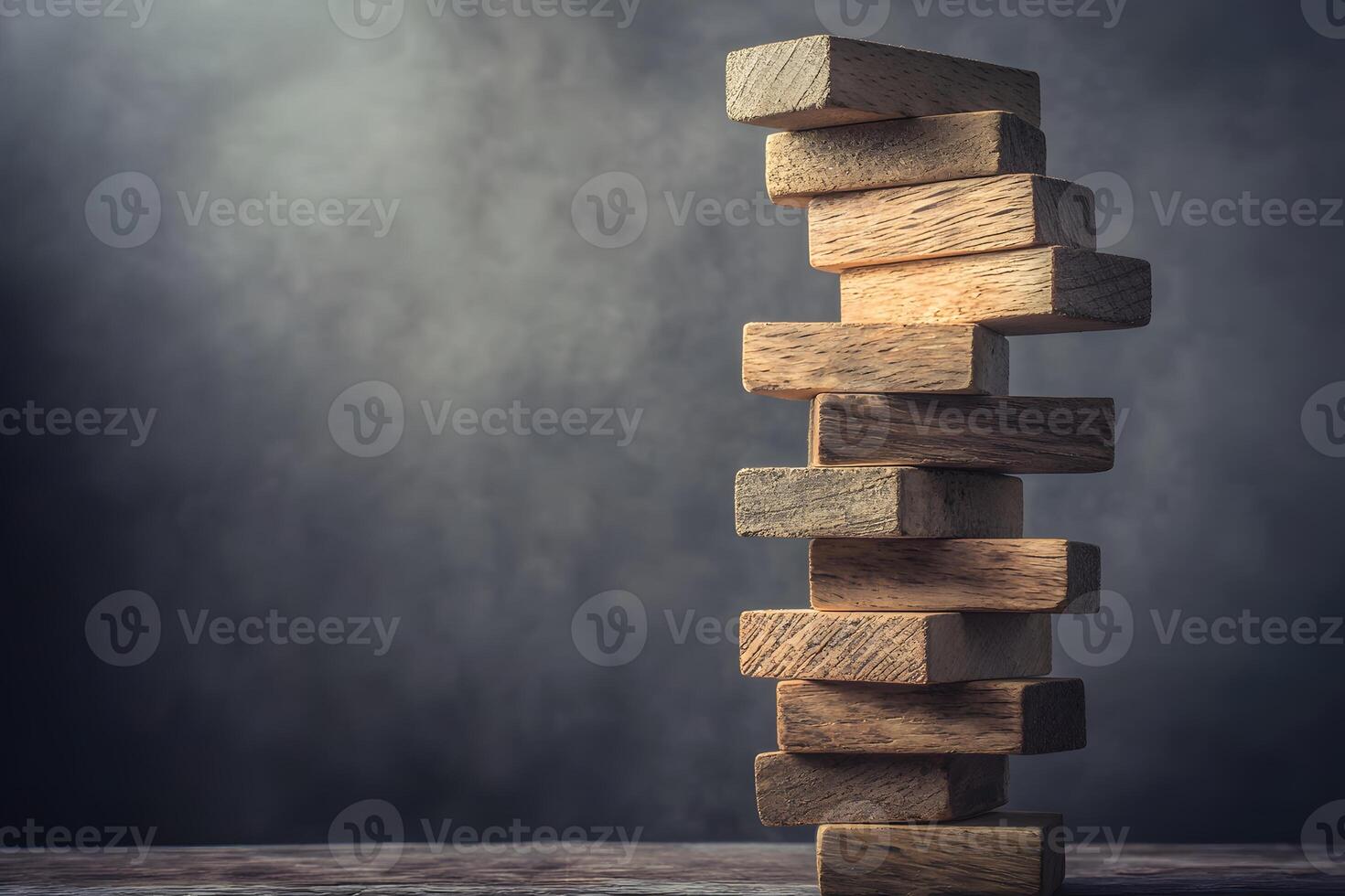 Precariously Balanced Wooden Blocks on Dark Background Risk Instability Concept photo