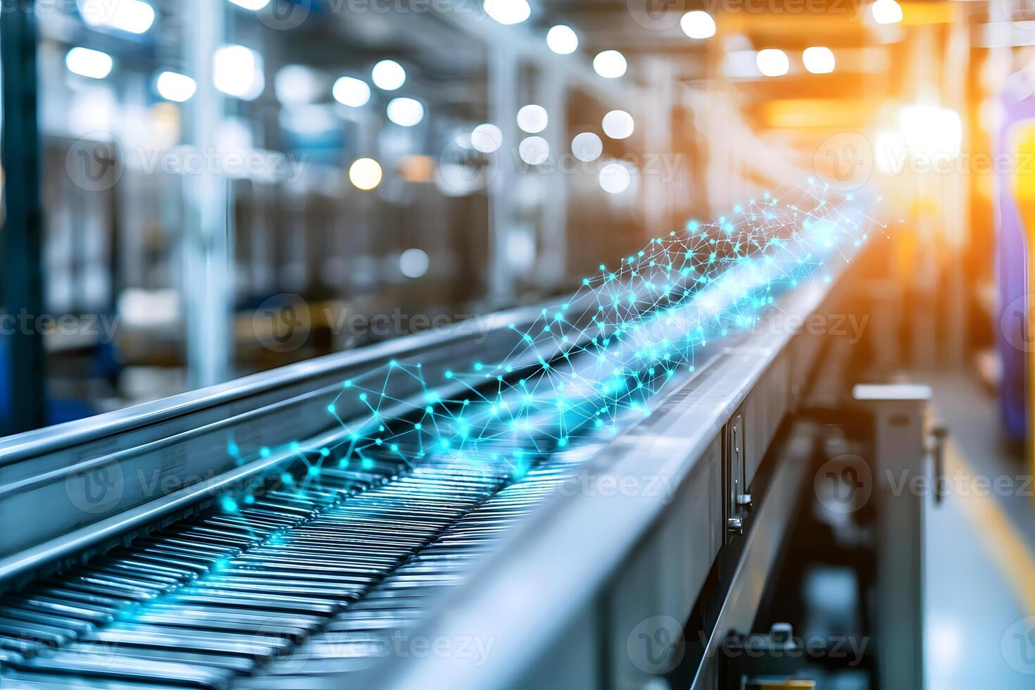 Smart Factory Automation Conveyor Belt with Digital Network Data Flow photo