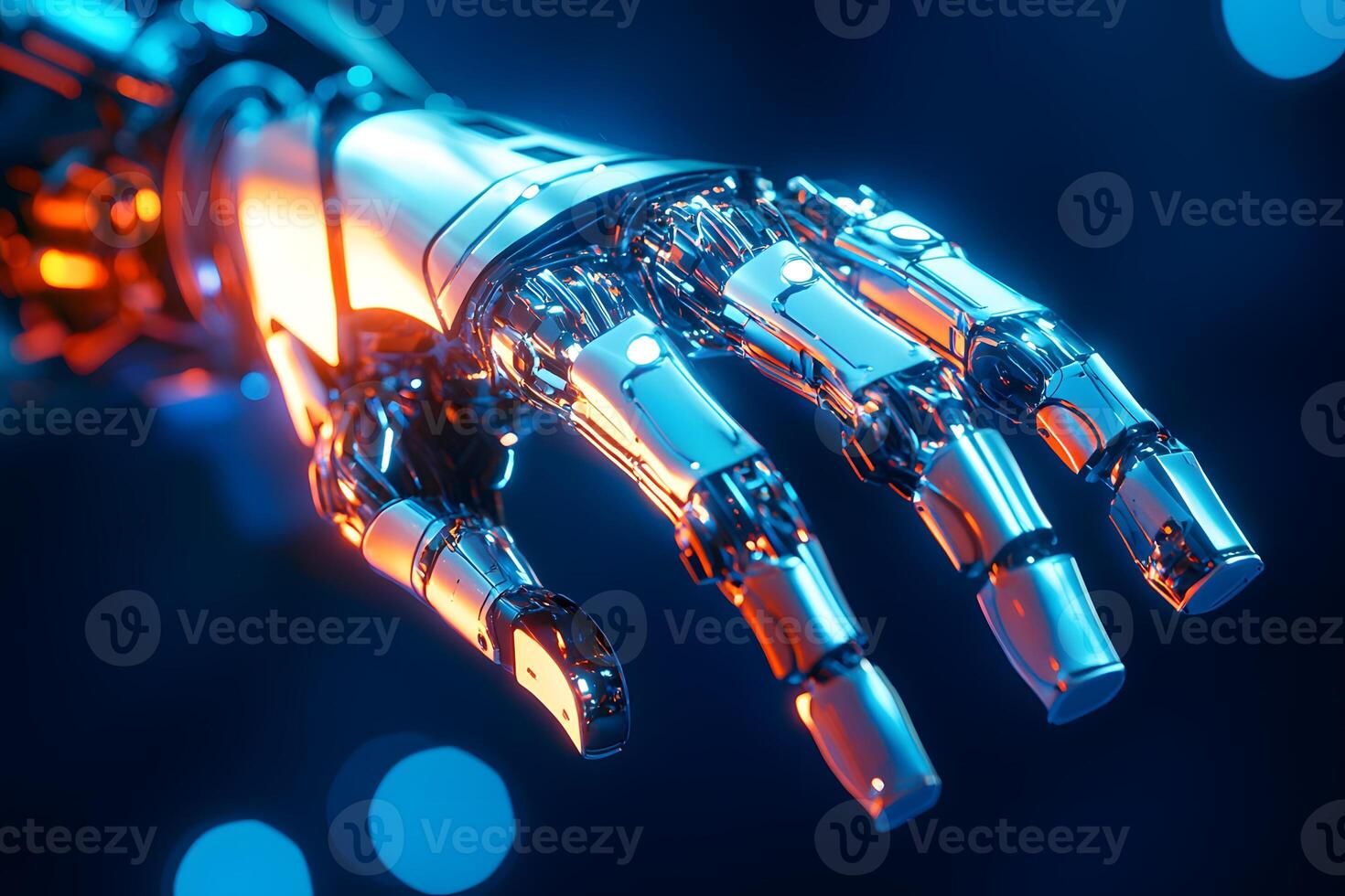 Futuristic Robotic Hand Reaching Chrome Robotic Arm Advanced Technology Concept photo