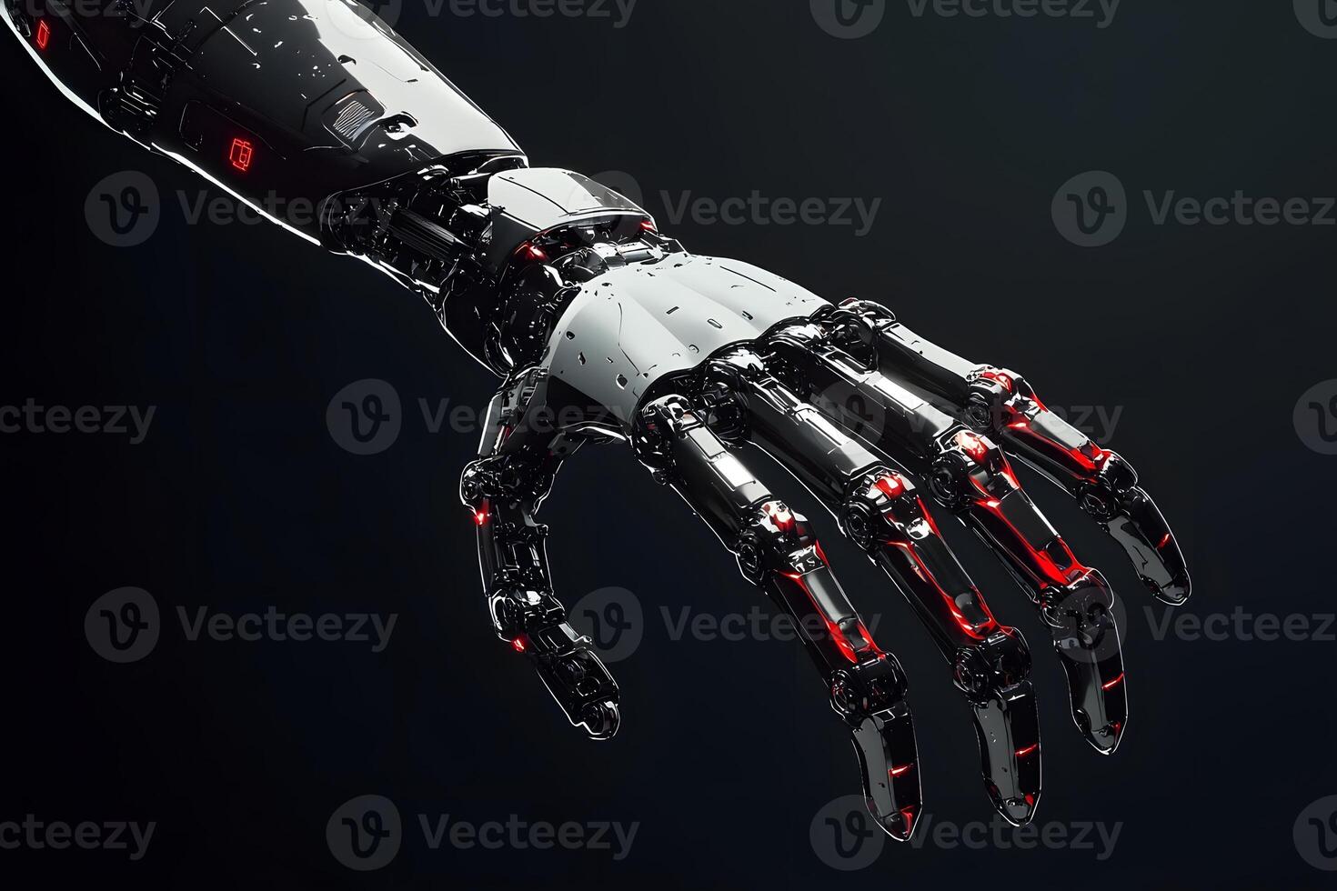 Futuristic Robotic Hand Reaching Black Chrome Metal Red Accents Close up Detail photo