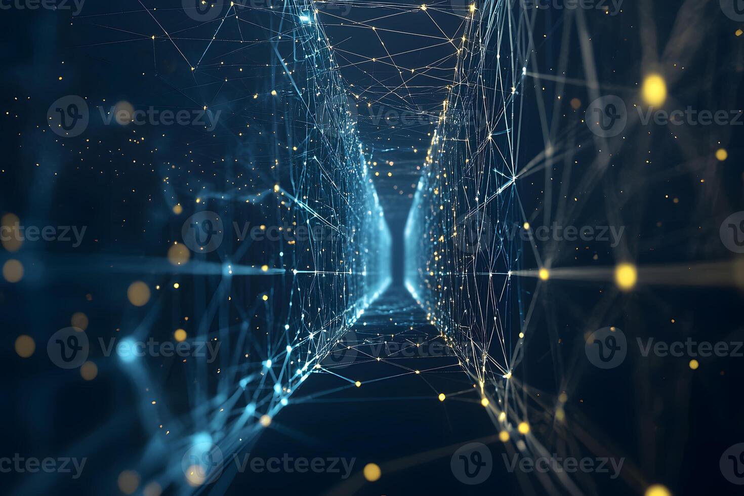 Abstract Digital Network Corridor Futuristic Technology Background with Glowing Nodes and Lines photo