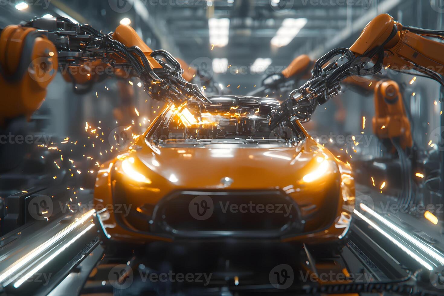Robotic Assembly Line Orange Sports Car Production with Sparks photo