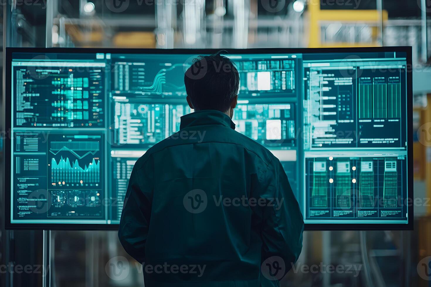 Engineer Analyzing Data on Large Multi Screen Display in Industrial Setting photo