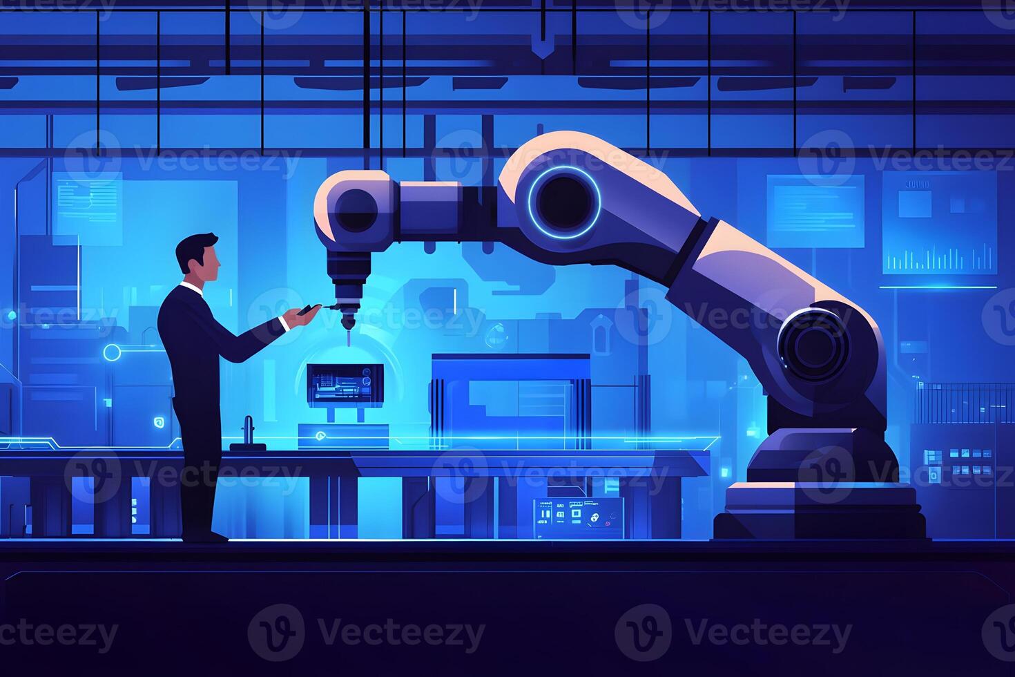 Industrial Automation Robotic Arm and Engineer in Modern Factory Setting photo