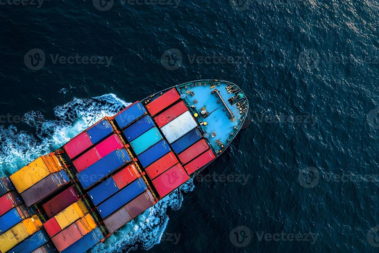 Aerial View of a Large Cargo Ship with Colorful Containers Sailing on the Ocean photo