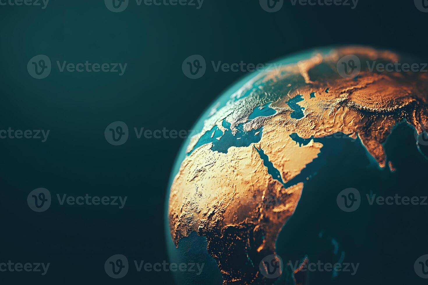 Detailed Golden Toned Earth Globe Close up View of Eurasia and Africa Global Concept Image photo
