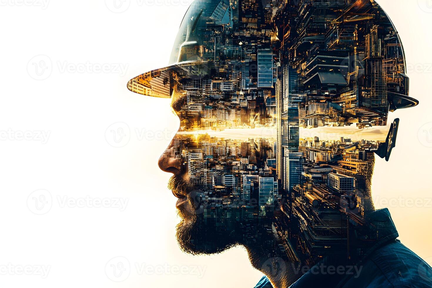 Urban Construction Worker Double Exposure of Cityscape and Man in Hard Hat photo