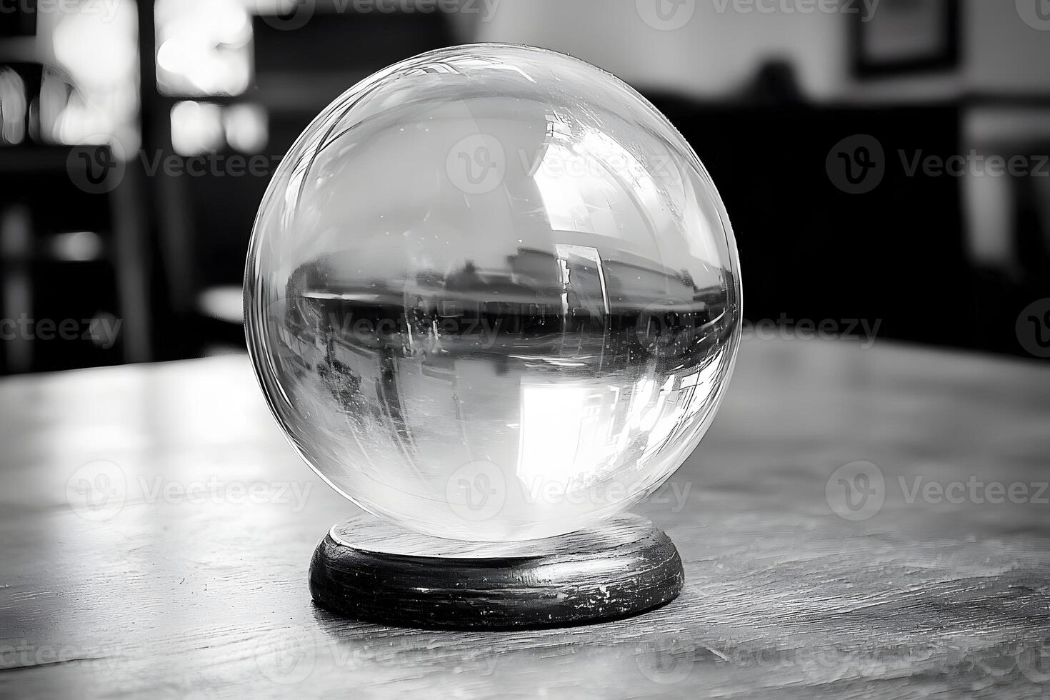 Crystal Glass Sphere on Wooden Base Reflective Surface Interior Decor photo