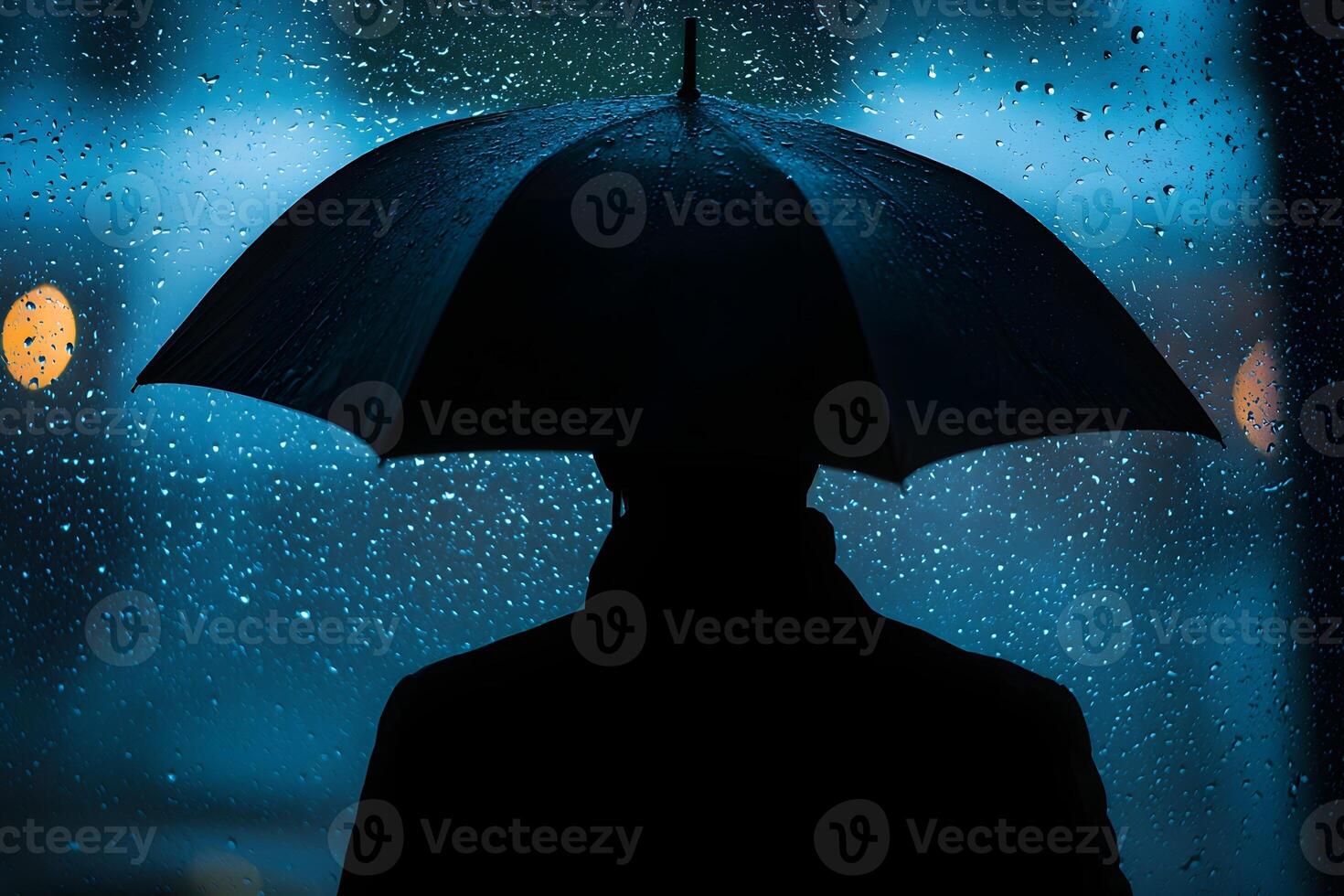 Silhouette Person Under Umbrella in Rain Night City Dark Mood photo