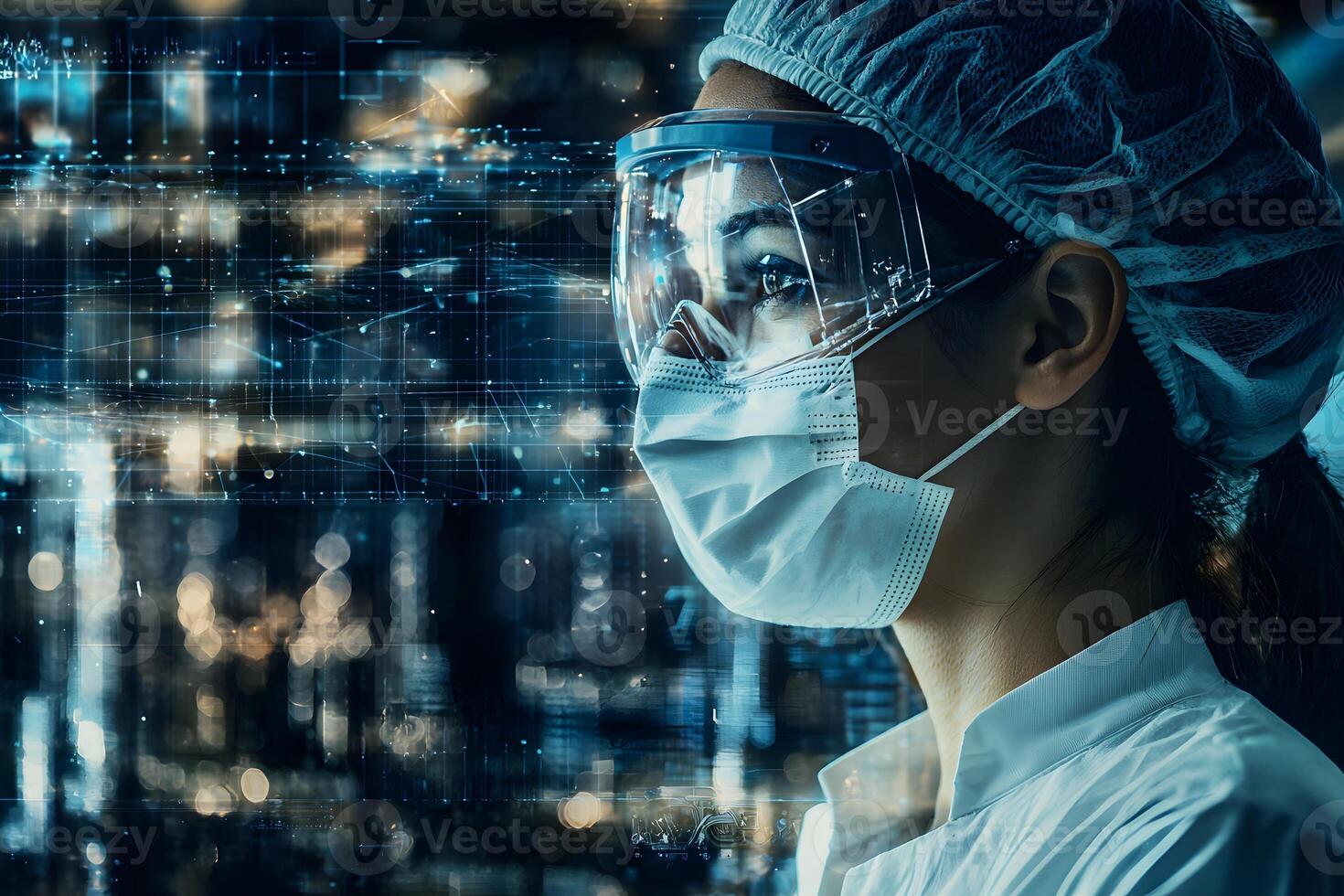 Female Scientist in Protective Gear Viewing Digital Data Healthcare Technology Concept photo