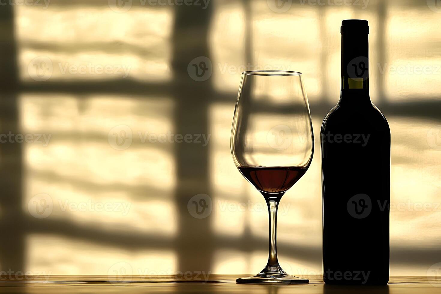 Red Wine Bottle and Glass Silhouette against Sunlit Window Still Life Photography photo