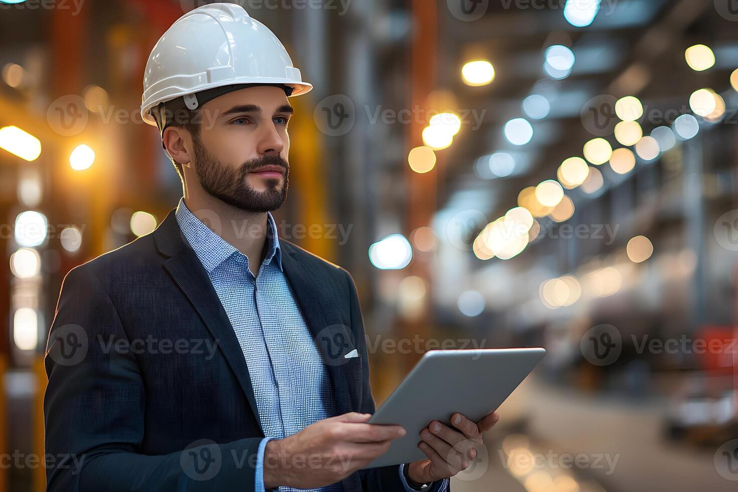 Confident Male Engineer Using Tablet in Industrial Factory Setting photo