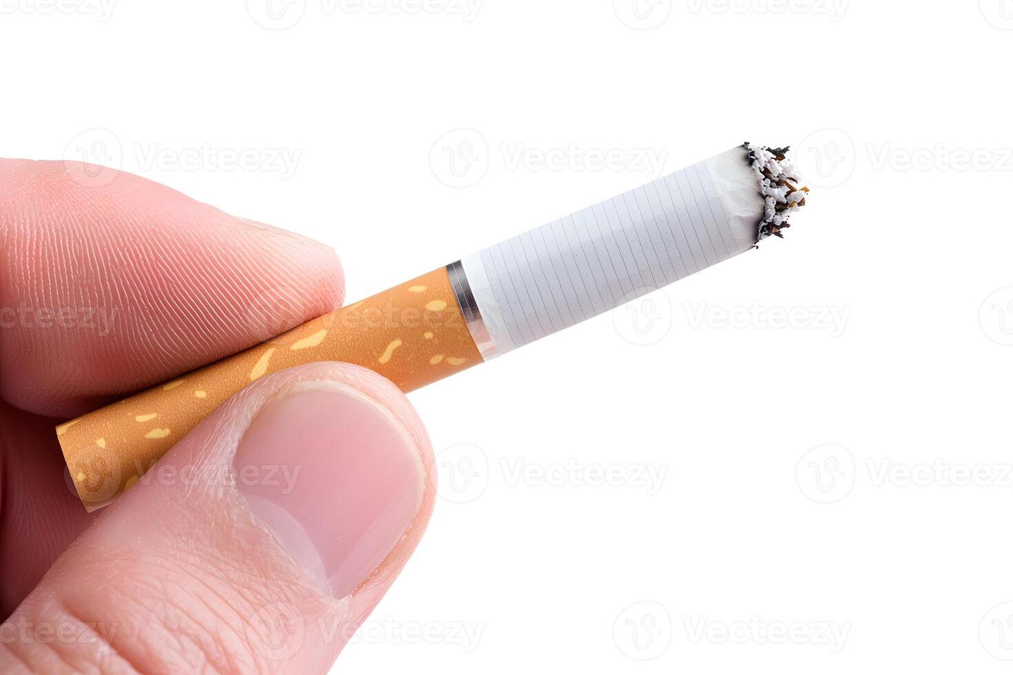 Close up of a Hand Holding a Partially Smoked Cigarette Isolated on White Background photo