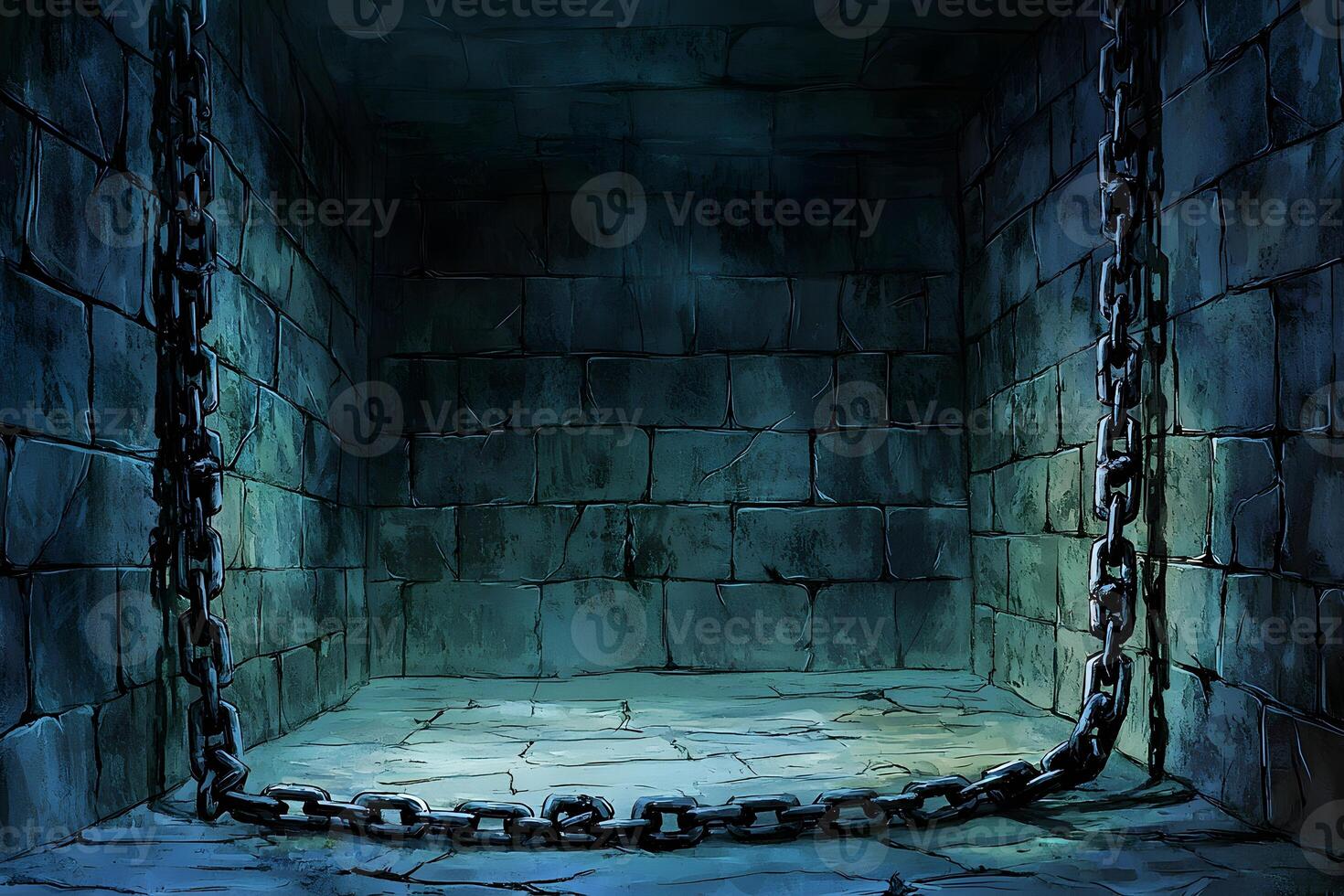 Dark Dungeon Cell with Heavy Chains Stone Walls and Gloomy Atmosphere photo