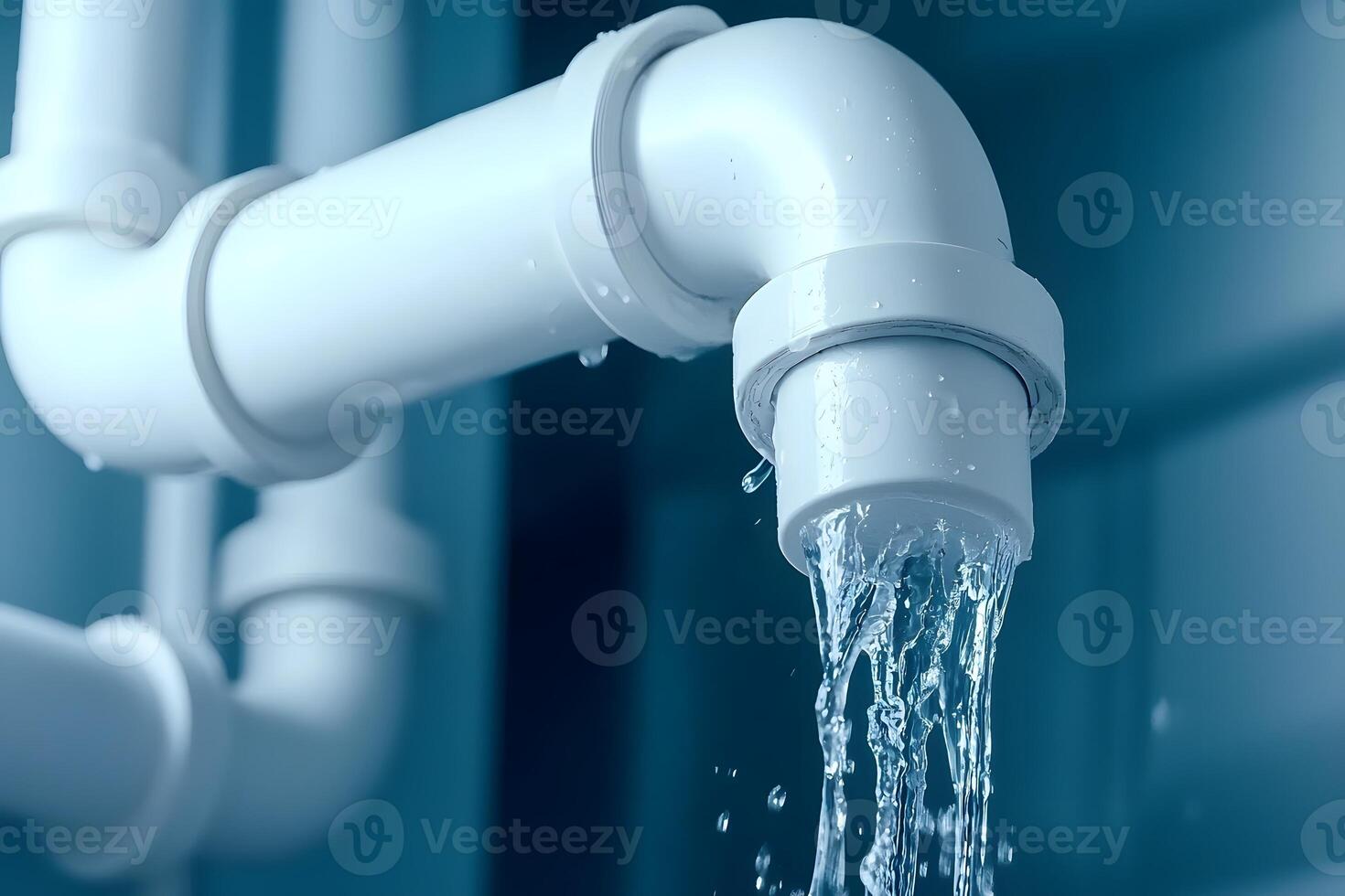 Leaking Water Pipe Plumbing Repair PVC Pipe Water Damage Home Repair Maintenance Issue Close up View photo