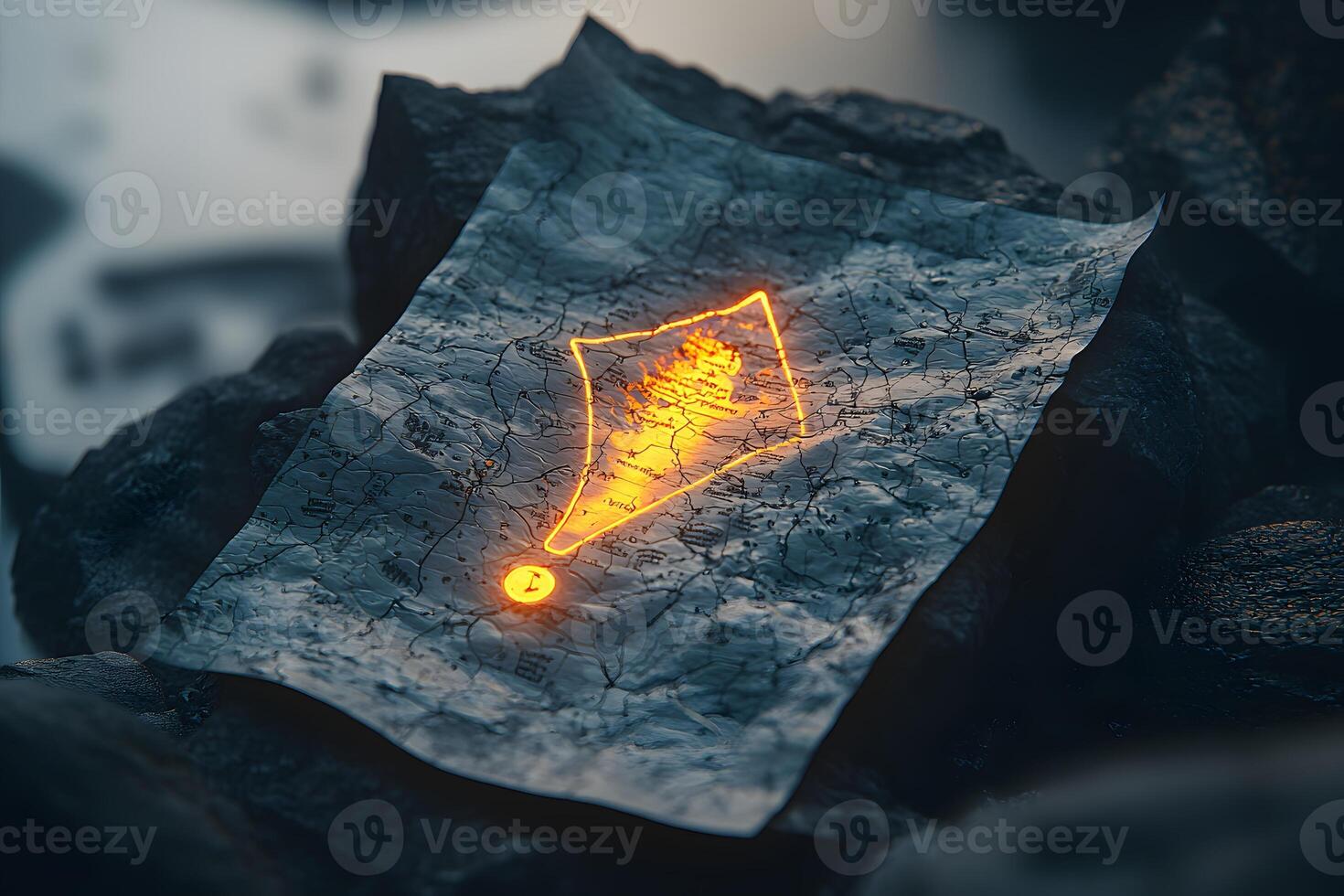 Ancient Treasure Map with Glowing Location Marker Fantasy Adventure Illustration photo