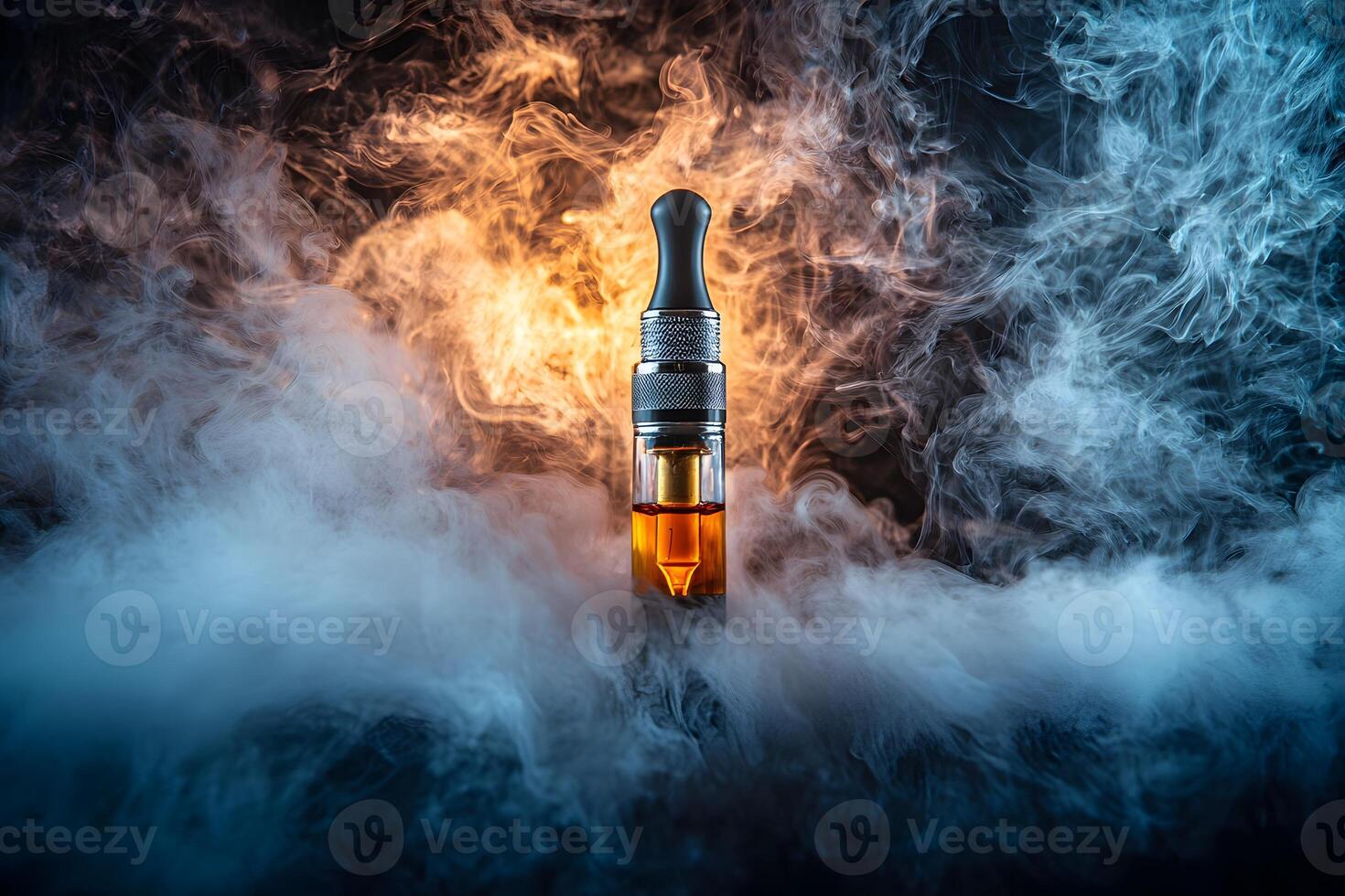 E cigarette Vape Device with Vapor Smoke Amber Liquid Dark Background photo