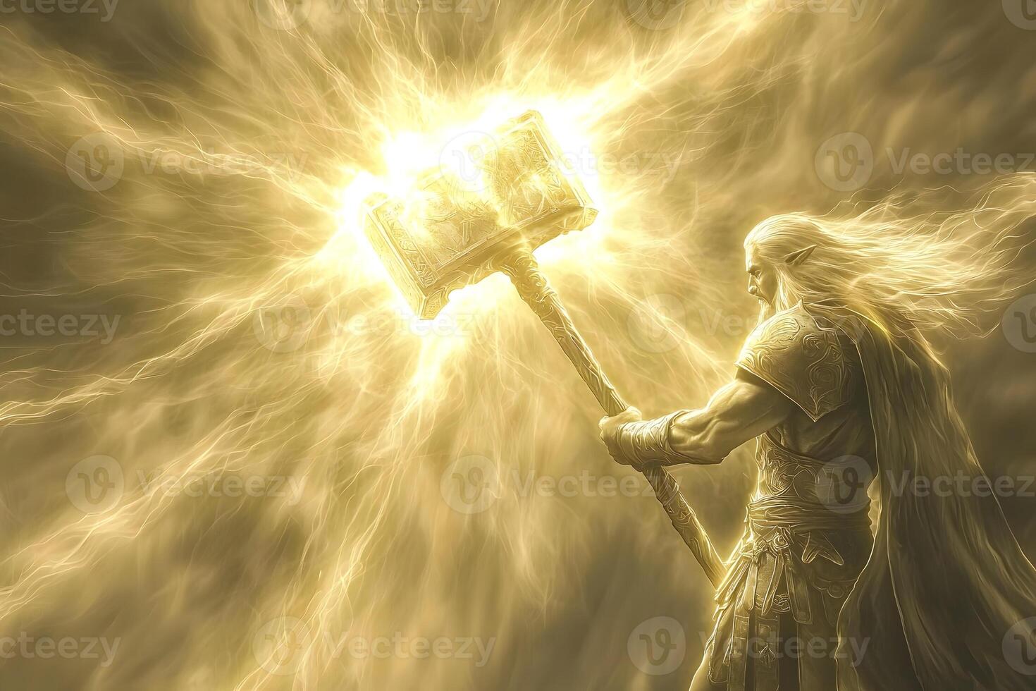 Powerful Golden Warrior Holding Glowing Hammer Divine Light Fantasy Art photo