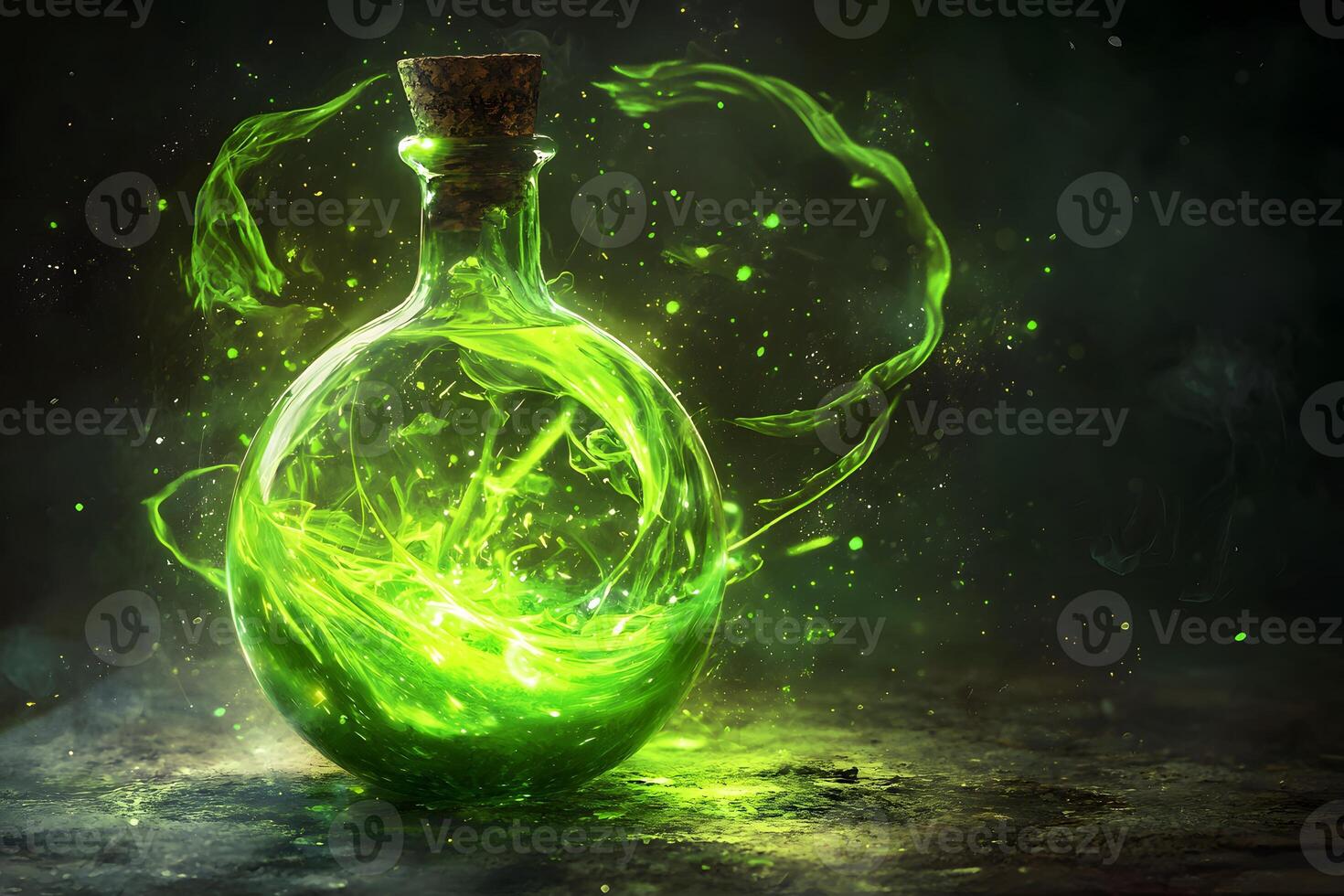 Glowing Green Potion in Glass Bottle Magical Fantasy Elixir Dark Background photo
