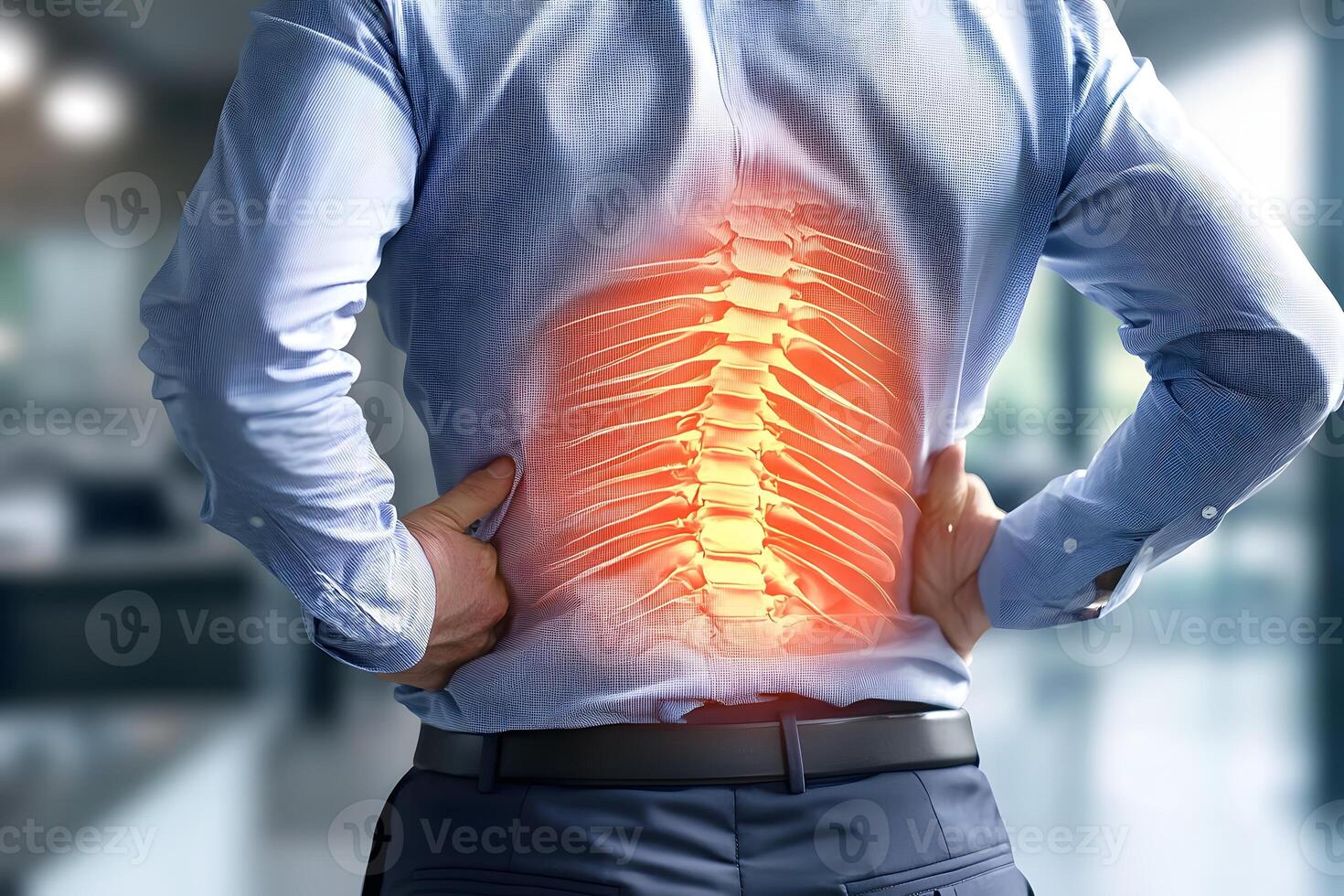 Man Experiencing Severe Lower Back Pain Spinal Anatomy Overlay photo