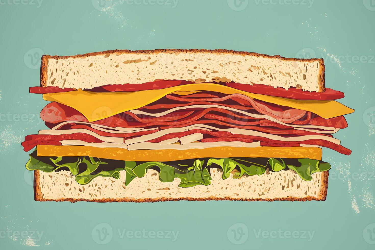 Delicious Multi Layered Meat Cheese Sandwich Illustration Overhead View Food Photography Style photo