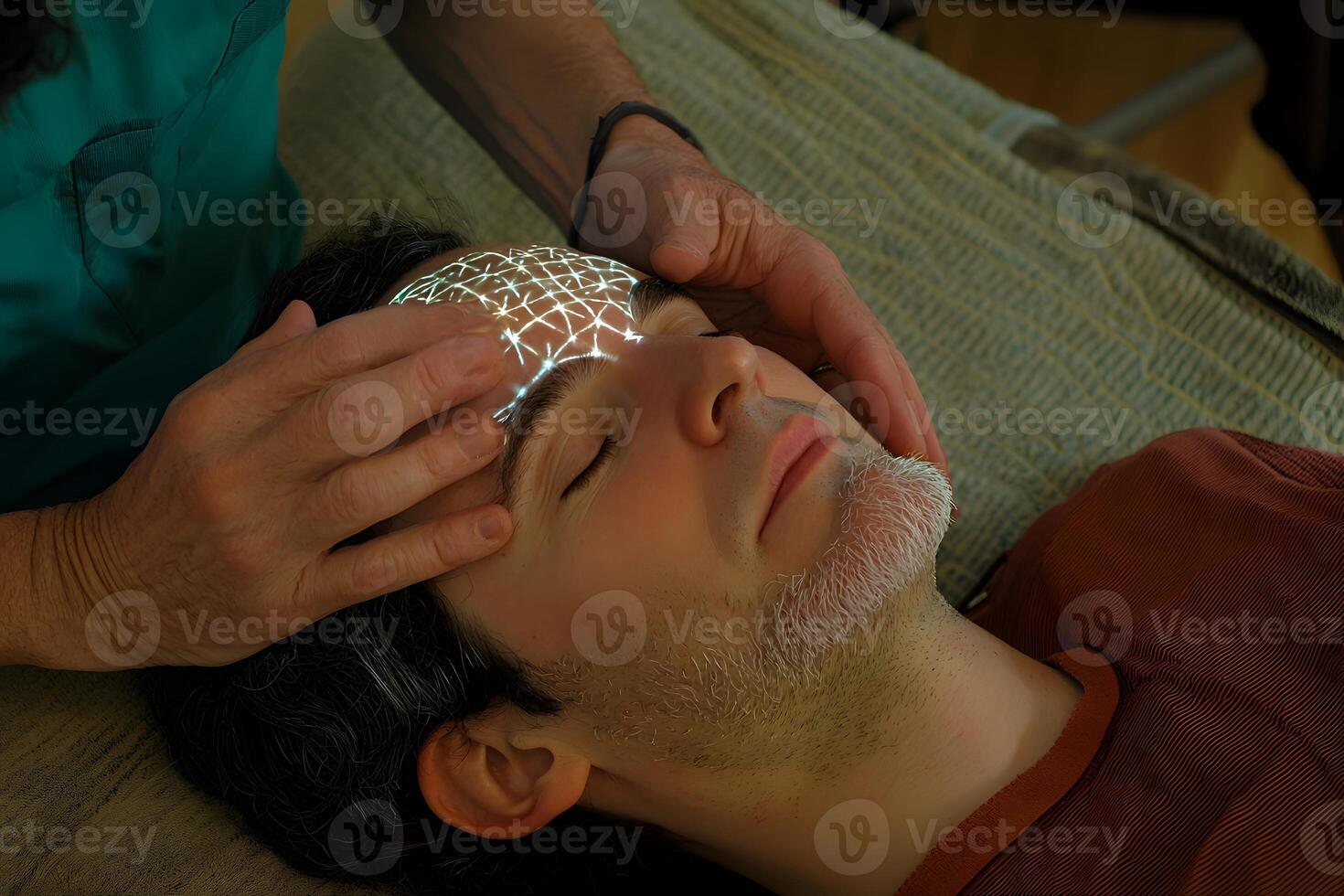 Holistic Healing Therapy Man Receiving Gentle Cranial Massage with Illuminated Energy Network photo