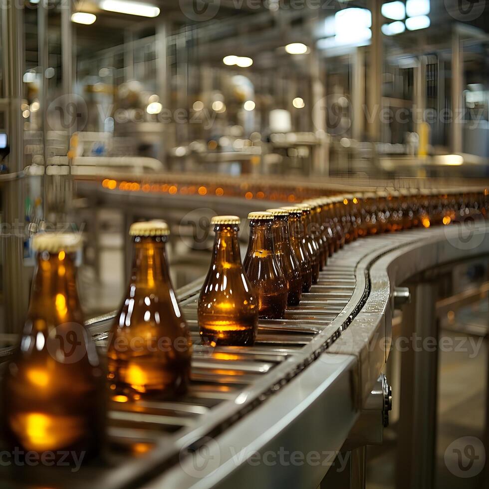 Amber Glass Bottles on Conveyor Belt in Brewery Industrial Production Line photo