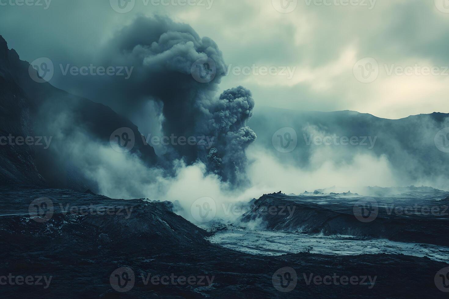 Dramatic Volcanic Eruption Landscape Dark Smoke Ash and Mountains photo