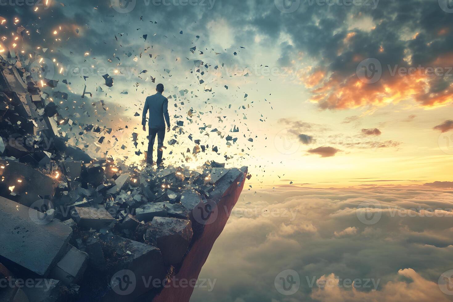 Man Standing on Crumbling Cliff Edge Dramatic Sunset Sky Overcoming Obstacles Concept photo