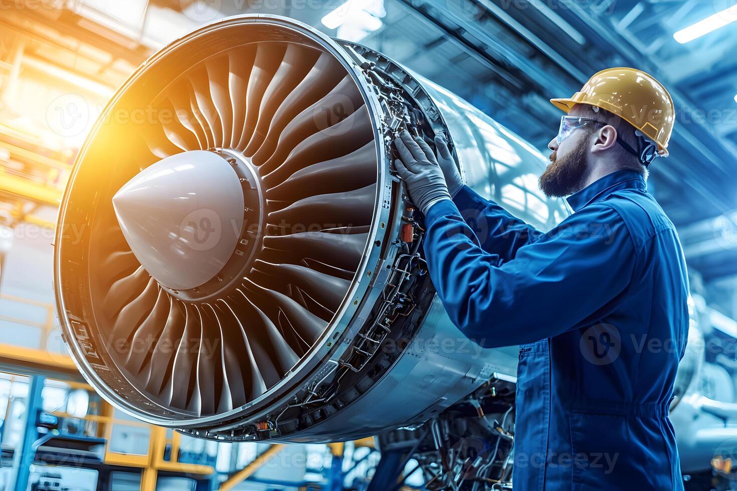 Aircraft Engine Maintenance Technician Inspecting Turbine Jet Engine in Hangar photo