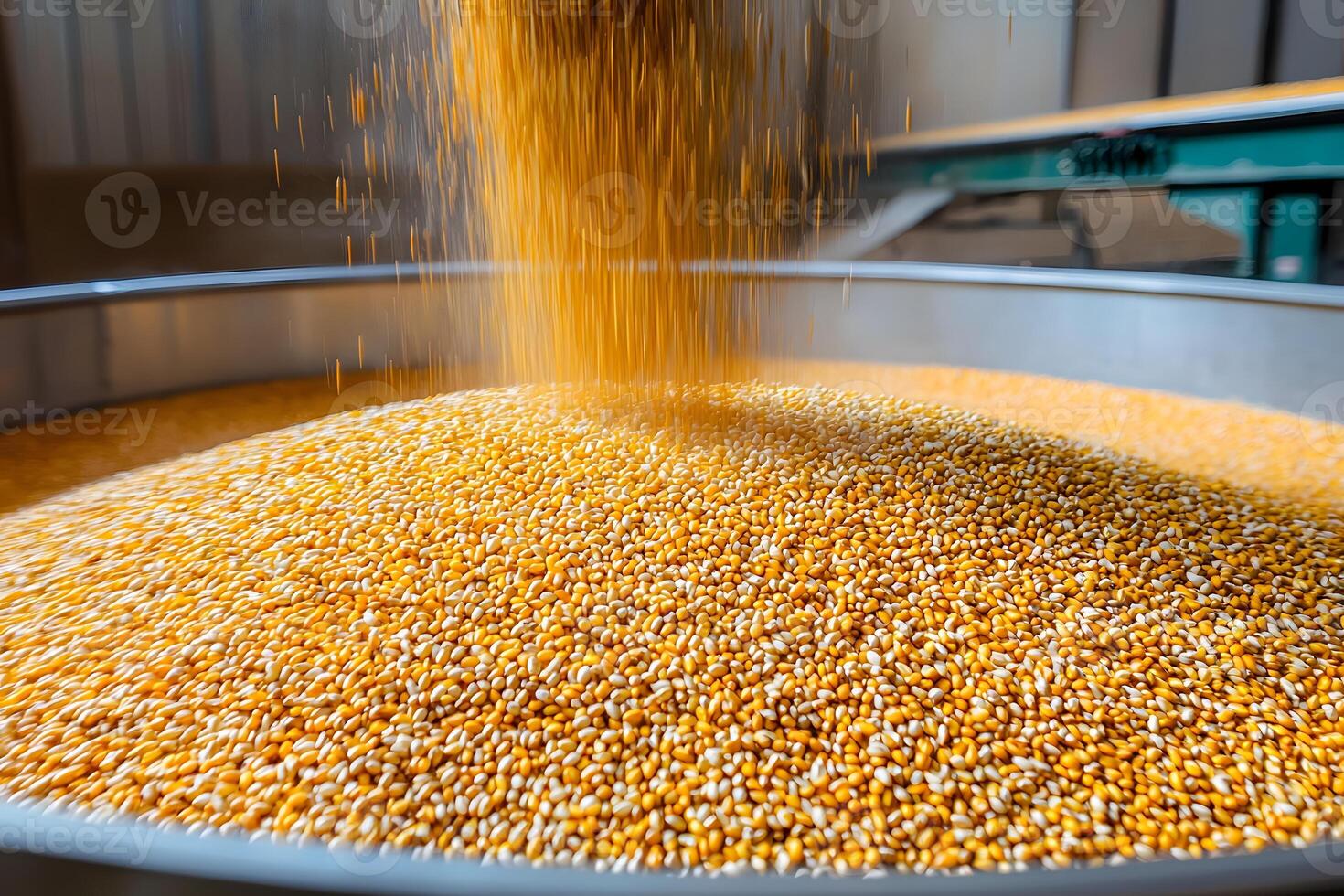 High Angle Close Up of Golden Corn Kernels Pouring into a Large Metal Bin During Harvest photo