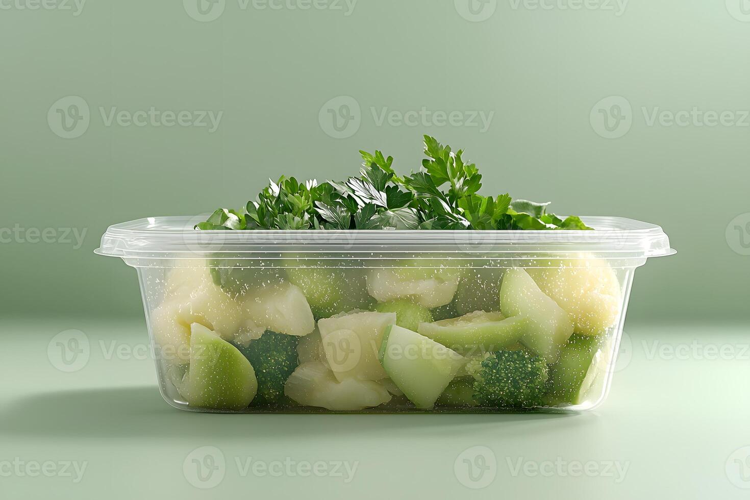 Fresh Green Vegetables and Herbs in Clear Plastic Food Container photo