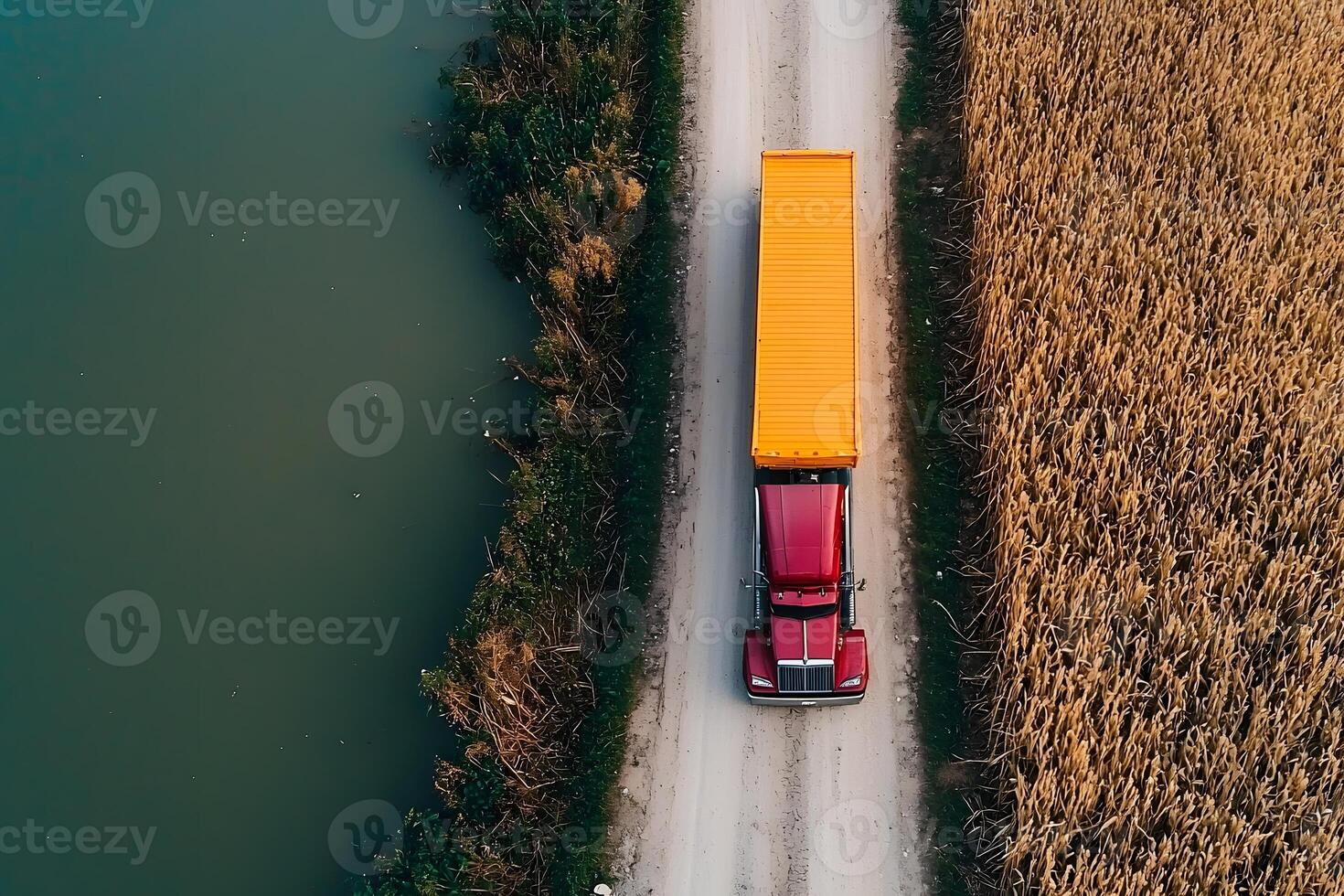 Aerial View Red Semi Truck Hauling Yellow Cargo on Rural Road Near Wheat Field and River photo