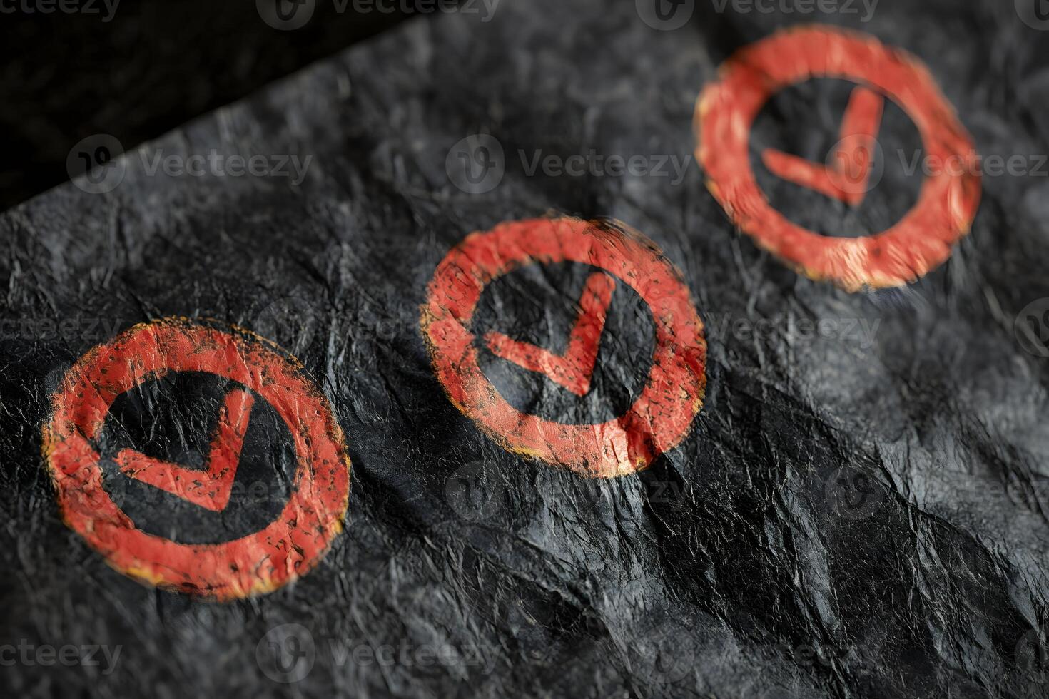 Red Checkmarks on Crumpled Dark Paper Background Texture photo