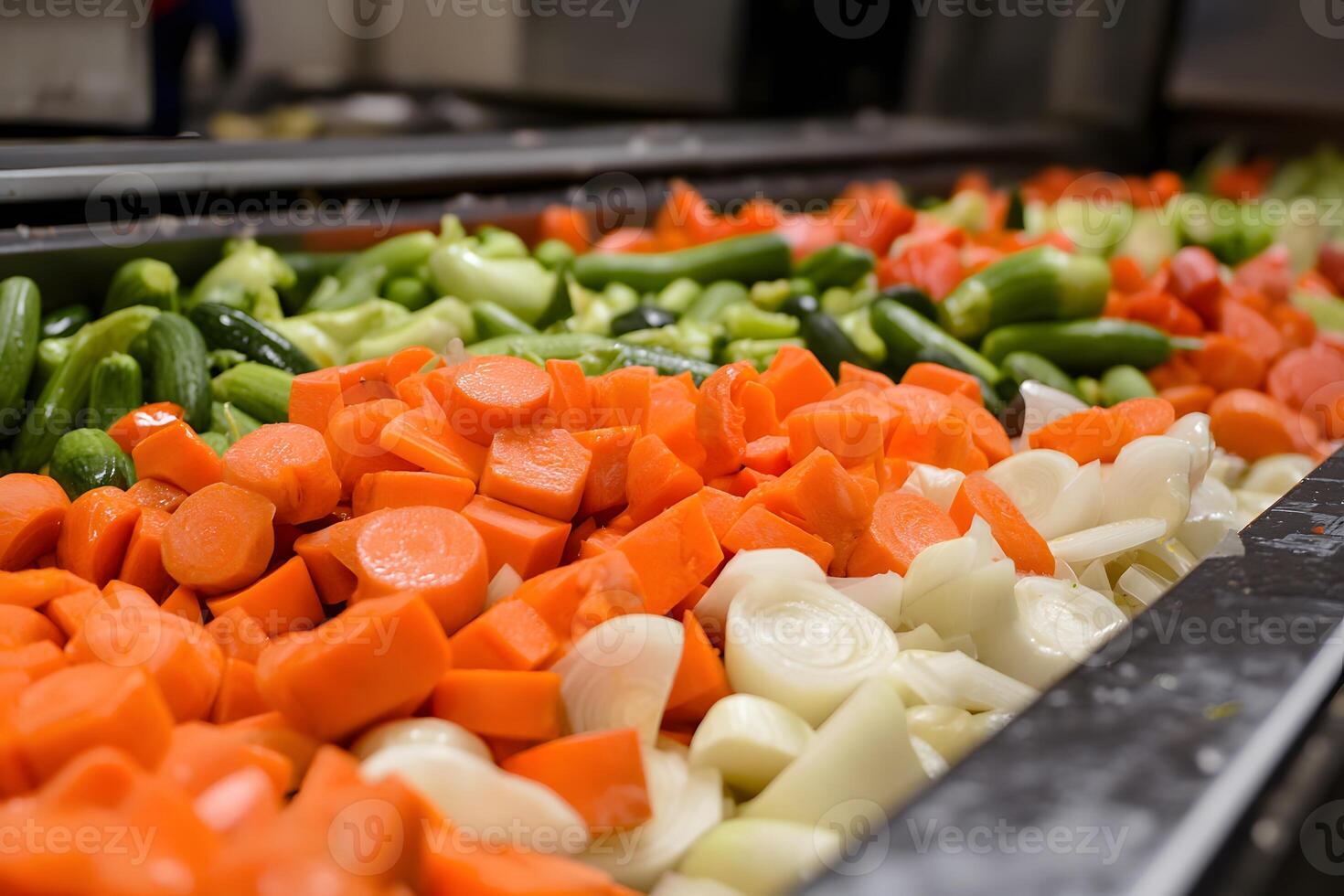 Chopped Carrots Onions and Cucumbers on a Conveyor Belt in a Food Processing Plant photo