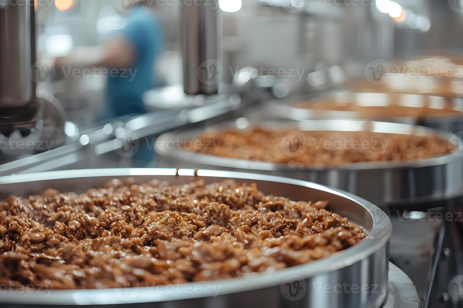 Industrial Food Production Close up of Sweet Treats in Stainless Steel Trays photo