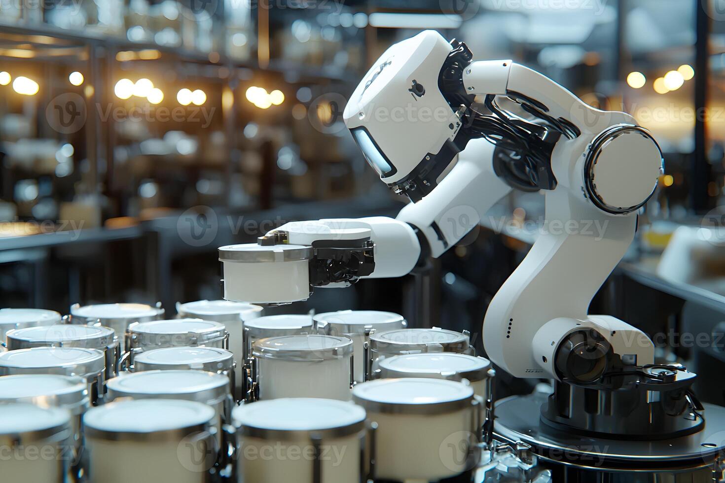 Automated Robotic Arm Handling Containers in Modern Factory Setting photo