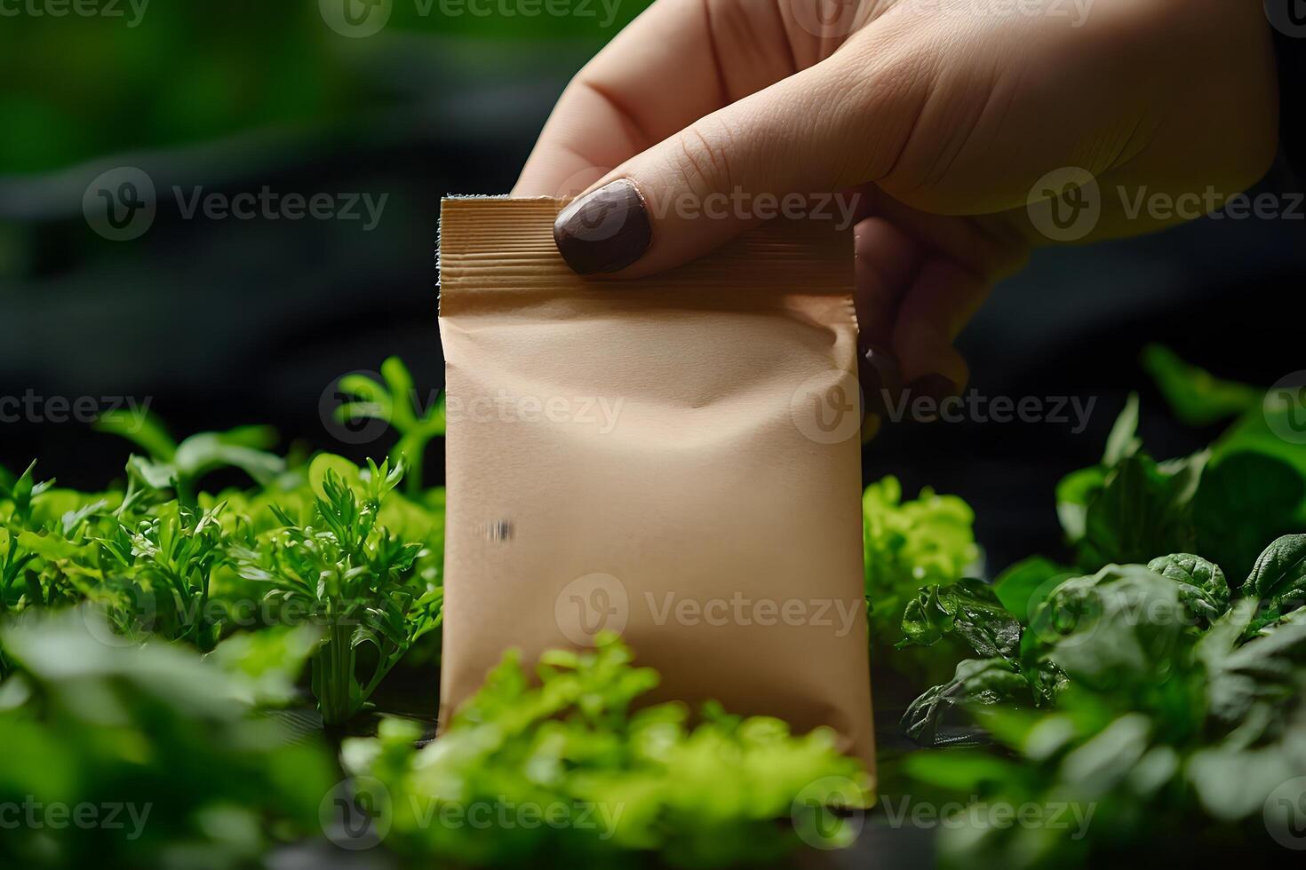 Hand Holding Brown Paper Packet of Seeds Near Fresh Herbs and Greens photo