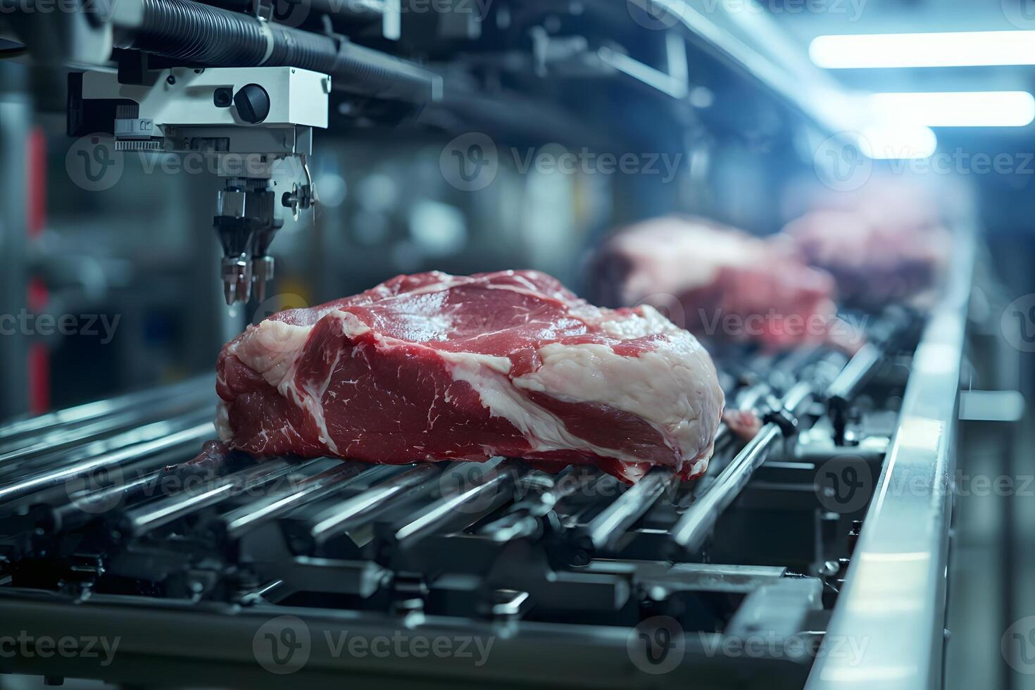 Automated Meat Processing Line Close up of Raw Beef on Conveyor Belt photo