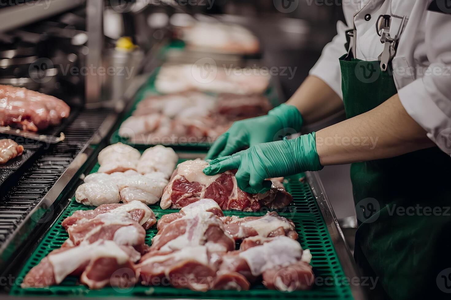 Butcher preparing raw meat cuts on a processing line wearing gloves photo