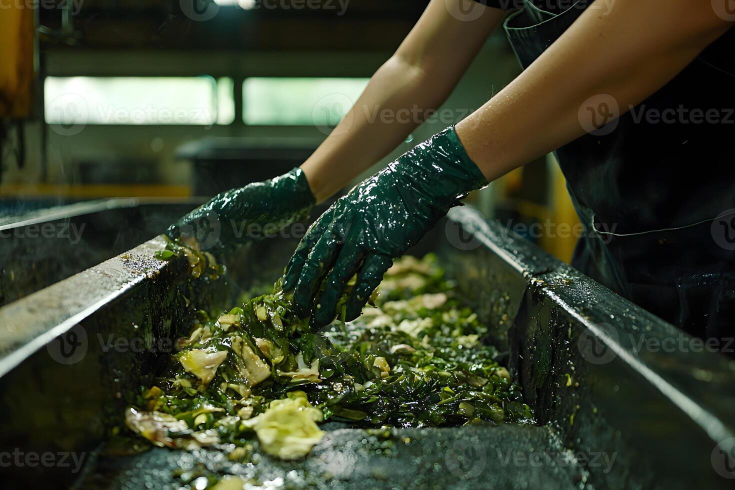 Person in Gloves Sorting and Processing Seaweed in a Factory photo